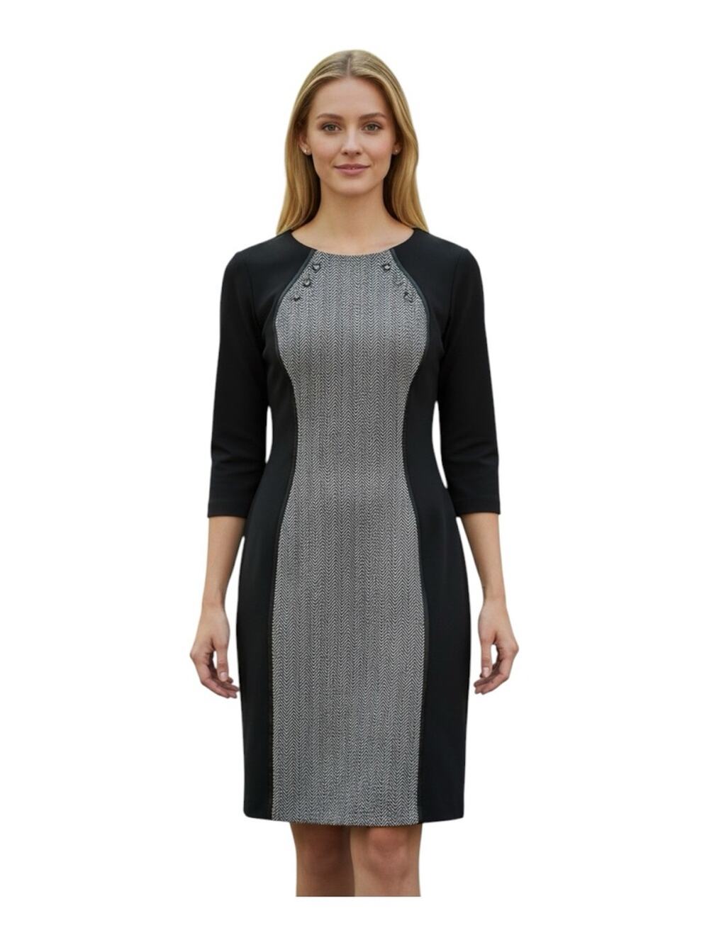 Tahari Dress Size 8 Black Gray Herringbone Black Knit Career Wear to Work Luxury